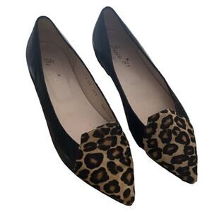 Ferca 81 Women Size US 7.5 Black Leather Leopard Ballet Flats Pointed Toe Luxury